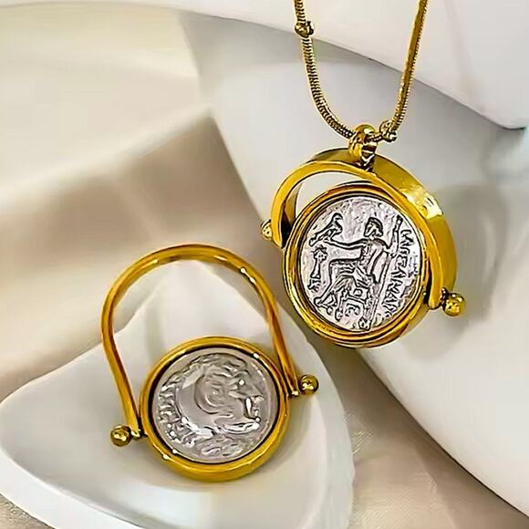 Gold Greek Roman Signet Ring Matching Necklace Set Double Sided Disc God… - Picture 2 of 14